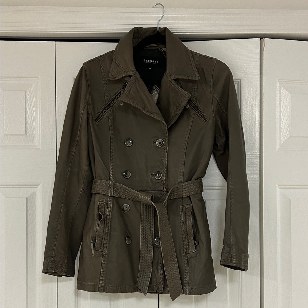 Classic mocha colored leather Double-Breasted Trench Coat